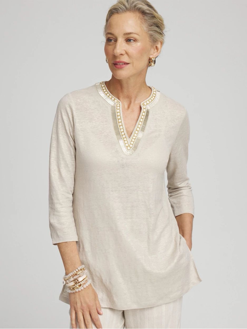 Chico’s Linen Embellished V-Neck Tunic Top In Cream